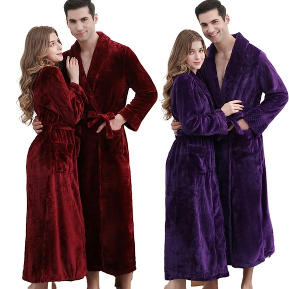 Fjuchai Fleece Long Robes for Men Women Bathrobe Warm Winter House Robes Lounge Sleep Pajamas M-3XL