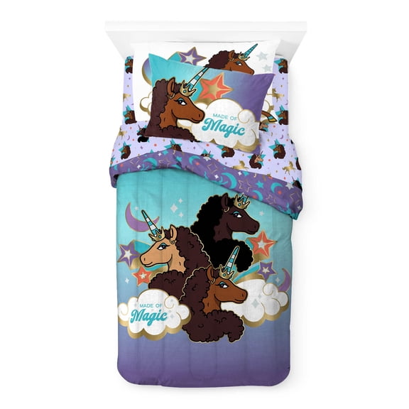 Afro Unicorn Blue 5 Piece Twin Bed Set w/ Sham, 100% Microfiber