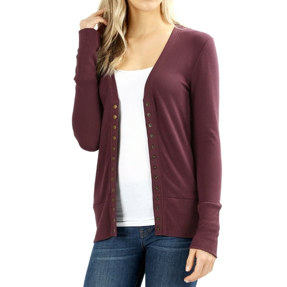 Zenana Women & Plus Classic Front V-Neck Thin Snap Button Down Long Sleeve Ribbed Knit Cardigan