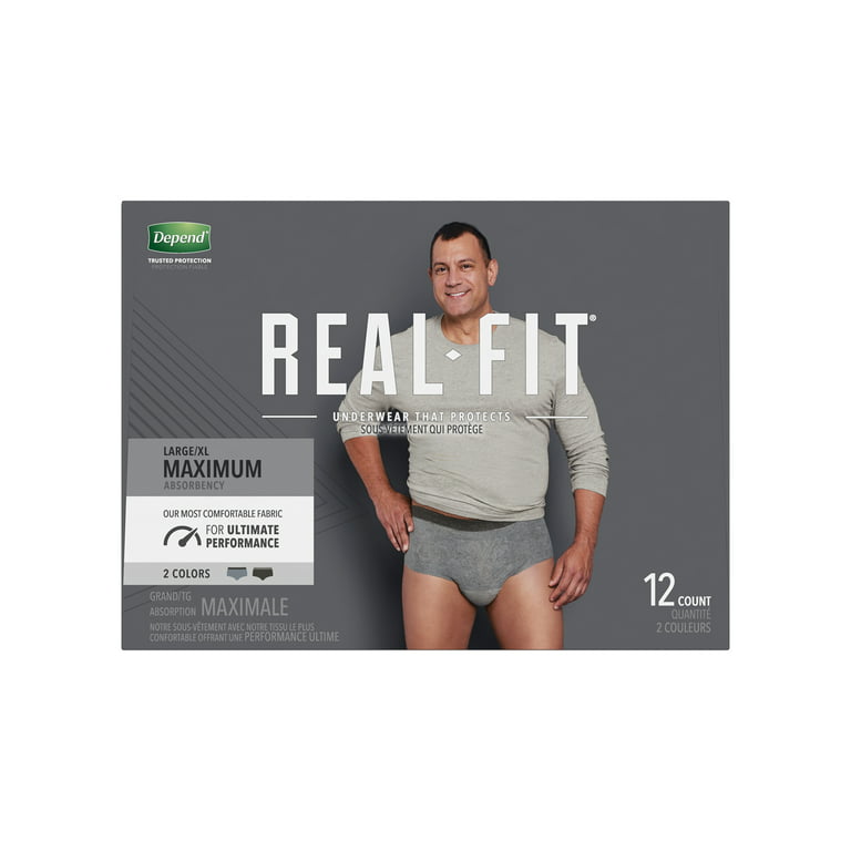 Depend Real Fit Adult Incontinence Underwear for Men, Maximum Absorbency,  L/XL, Black & Grey, 12 Count, Health & Personal Care