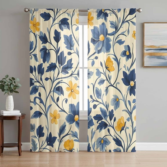 Spring Botanical Art Sheer Curtains 63 Inch Length 2 Panels Set, Spring Floral Summer Flower Voile Window Treatment Rod Pocket Curtains Sheers Drapes for Bedroom/Living Room/Kitchen 52x"63"x2