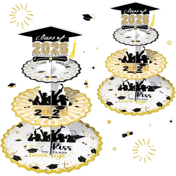 Set of 2 Graduation Cupcake Stand for 50 Cupcakes Black Gold Graduation Cap Decorations Cardboard Cake Dessert Holder Tower for Class of 2026 Congrats Grad Party Supplies