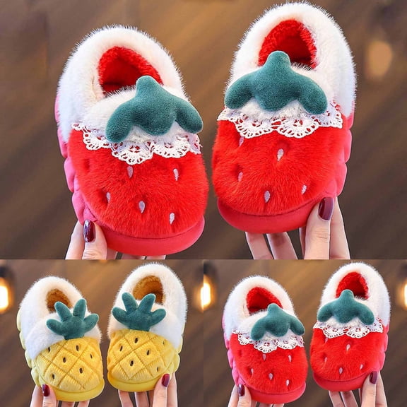 RTKFRFLM Girls Fruit Print Slippers Cute Non- Warm Indoor Winter House Shoes Yellow 12.5-13 Years