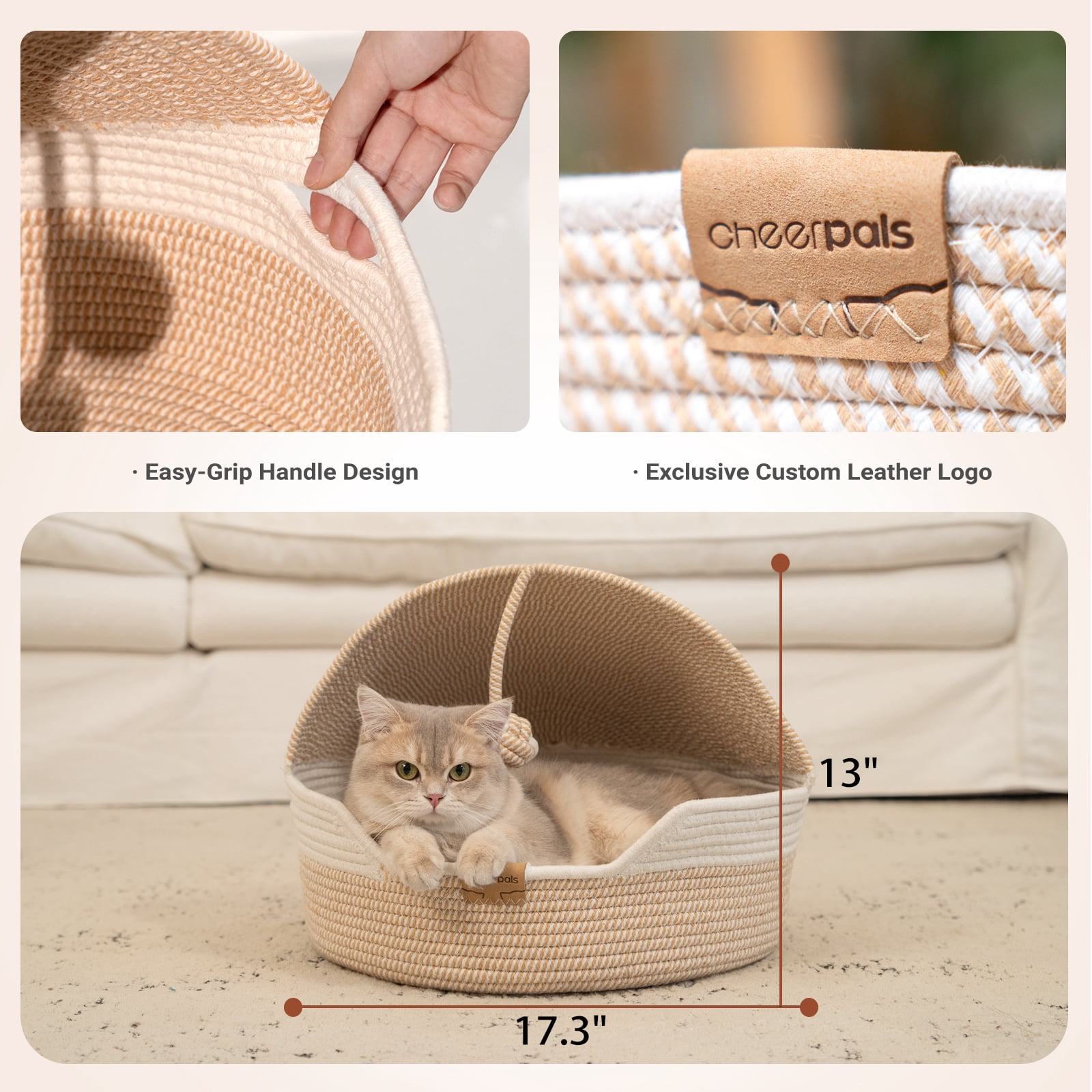 Cheerpals 3-in-1 Cat Bed, Hand-Woven Cat Cave with Washable Cushion & Toy Ball, Durable Cat Scratcher for Year-Round Use