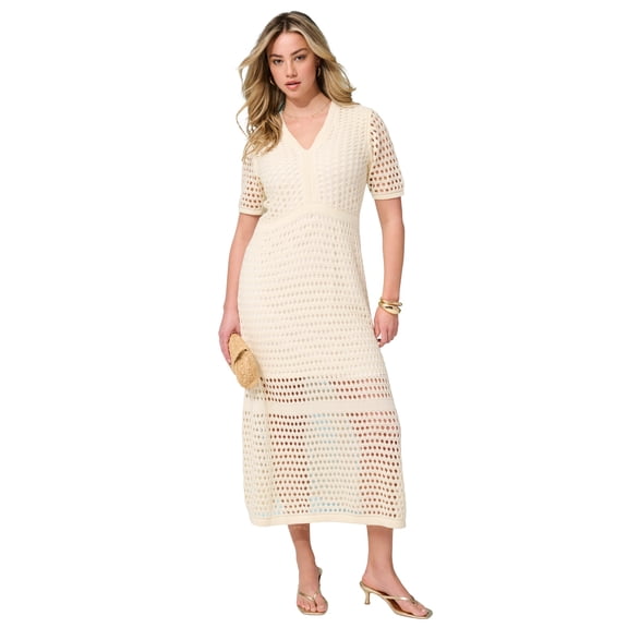 Roaman's Women's Plus Size Openwork Knit V-Neck Tiered Maxi Dress
