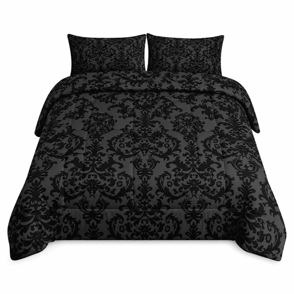 Black Damask Comforter Set Queen 3 Piece