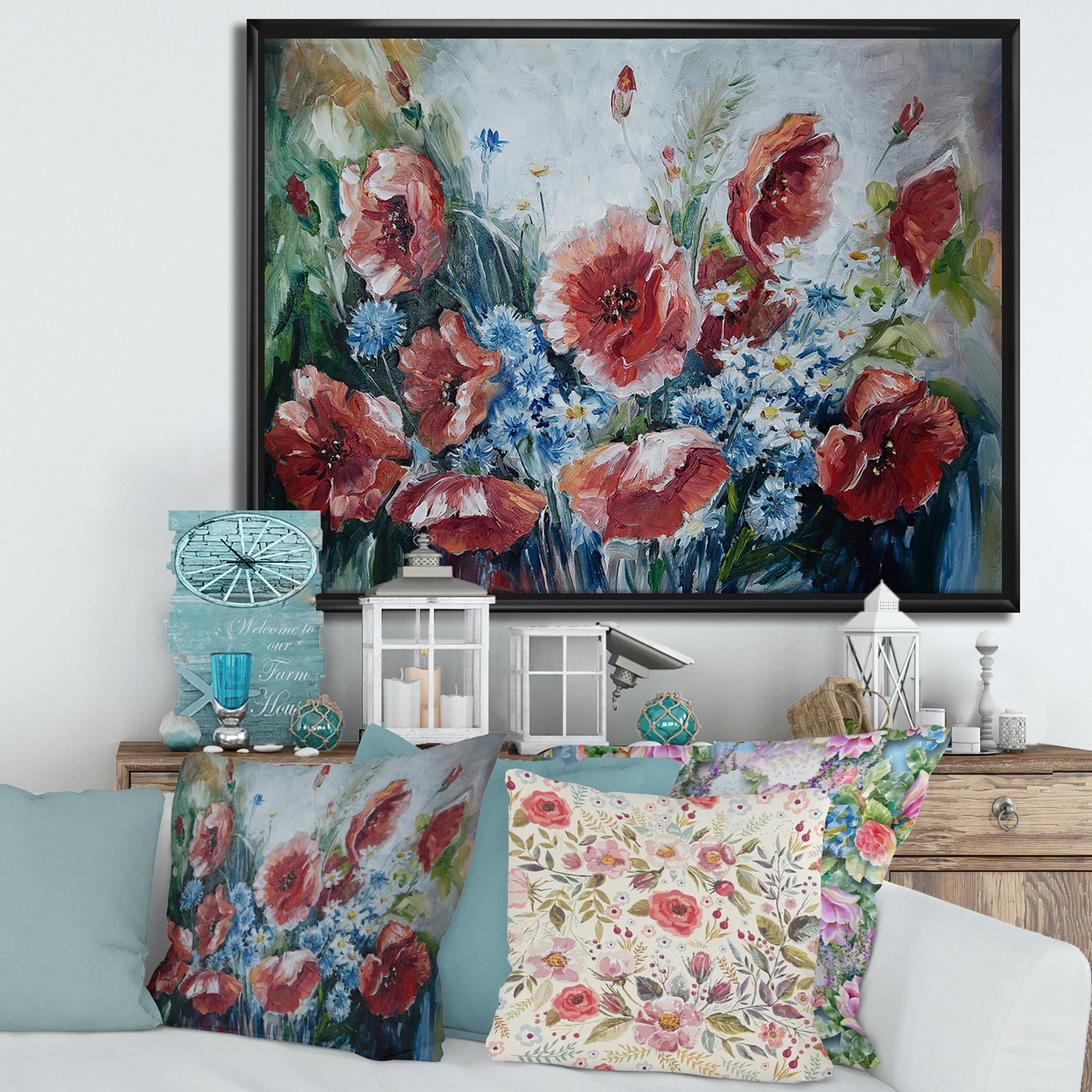 Designart 'Bouquet of Poppies Retro Style' Traditional Framed Canvas Wall Art Print