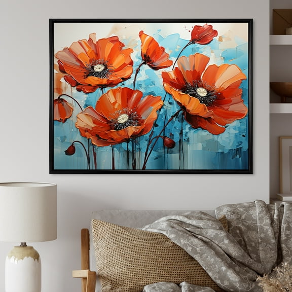 Designart "Poppy Meadow in Orange and Blue" Floral Framed Wall Art - Traditional Orange Poppies Bedroom Framed Canvas Wall Art