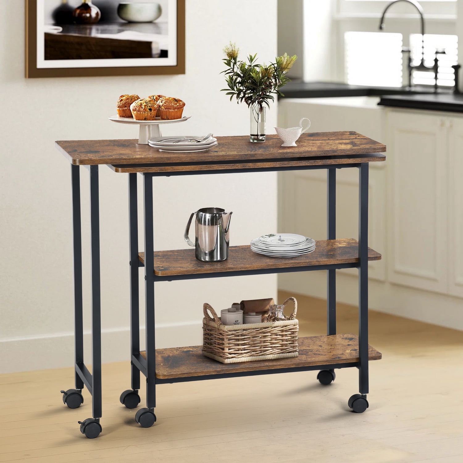 Adjustable Foldable Rustic Kitchen Cart, Walnut Finish Metal Frame Rolling Utility Cart with 3 Wood Shelves, Compact Storage Serving Cart for Kitchen Dining Room