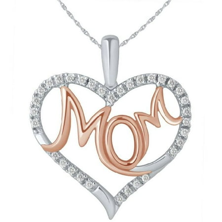 Diamond Heart Mom Pendant in Sterling Silver and 14 Karat Rose Gold