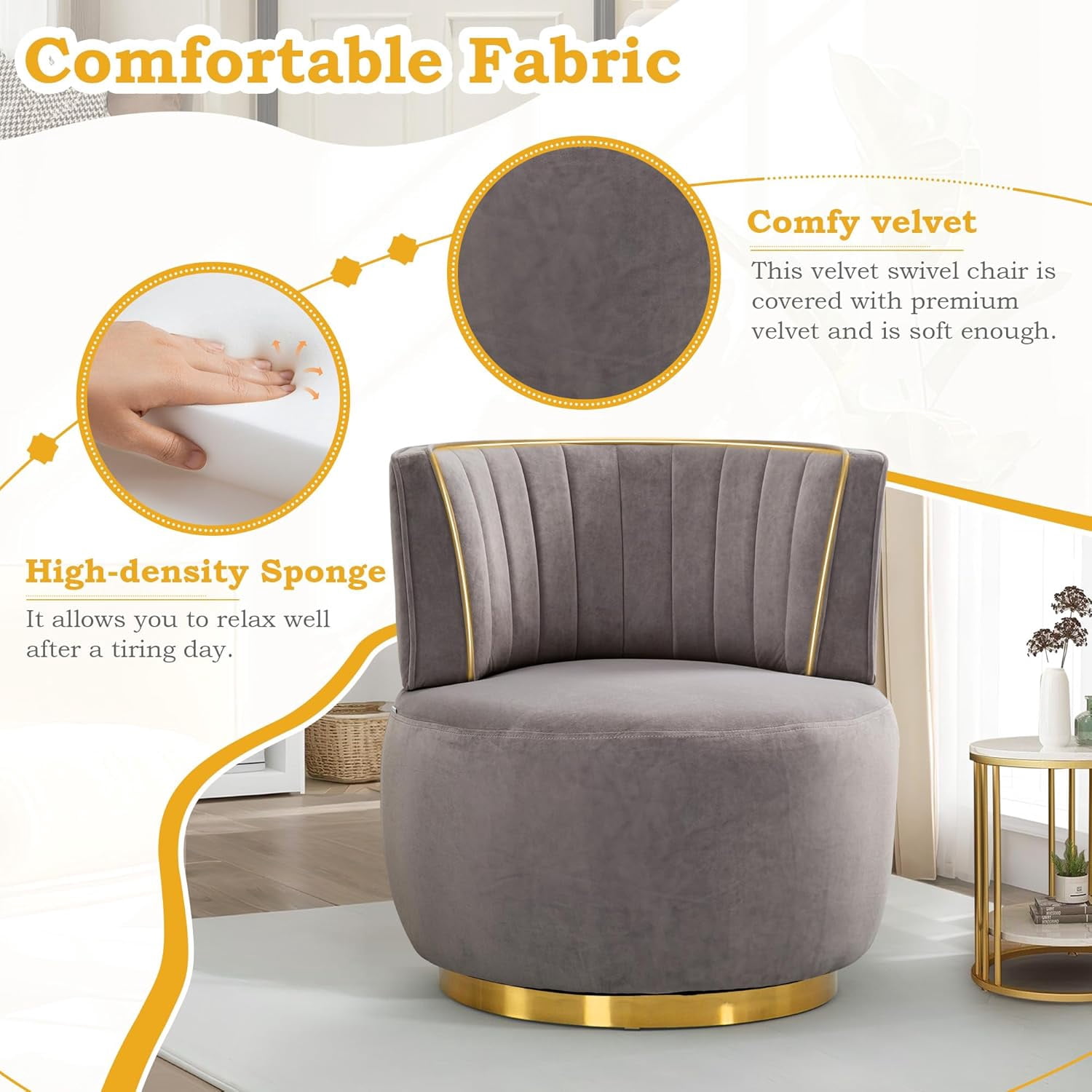 Aukfa 360-Degree Swivel Barrel Chair, Modern Velvet Round Accent Chair for Nursery and Living Room, Gray