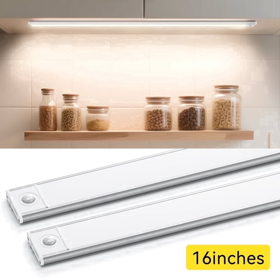 16-Inch Under Cabinet Lighting, 2 Pack Rechargeable Motion Sensor Light Indoor with 3 Color Temps & Stepless Dimming, Wireless Magnetic Under Counter Lights for Kitchen, Shelf, Closet, Bathroom