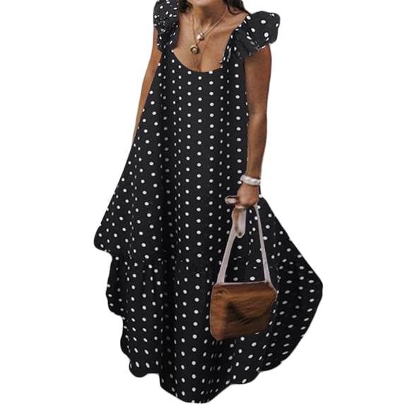 Summer Women Plus Size Dress Casual Long Maxi Sundress Polka Dot Loose Oversized Beach Swing Dresses Bohemian Ruffled Strappy Dress