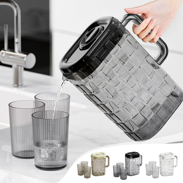Fiudx Jarra de Plástico Transparente para Bebidas, Diseño Acanalado con Tapa y Asa, Alta Capacidad, Plástico Duradero, Ideal para Bar, Uso Doméstico, 2000 Ml, 21 X 19 X 9,5 Cm, Juego de Tres Tazas.
