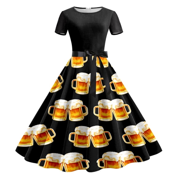 Women's Oktoberfest Print Dress – Short Sleeve Swing Dress in S-XXL, Removable Belted A-Line Dress with Round Neck, Summer Casual Party Outfit