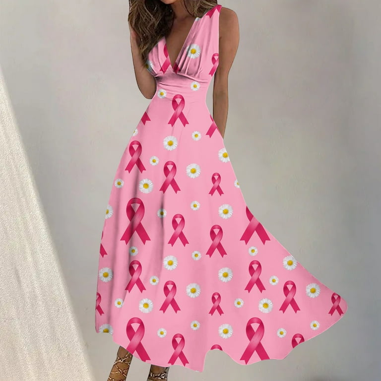 REORIAFEE Cancer Dress Breast Cancer Awareness Dress Love Fight Support  Survivor Gifts for My Mom Grandpa Grandma Special for Women Sleeveless  V-Neck Wrap Beach Long Dress Pink6 XL 