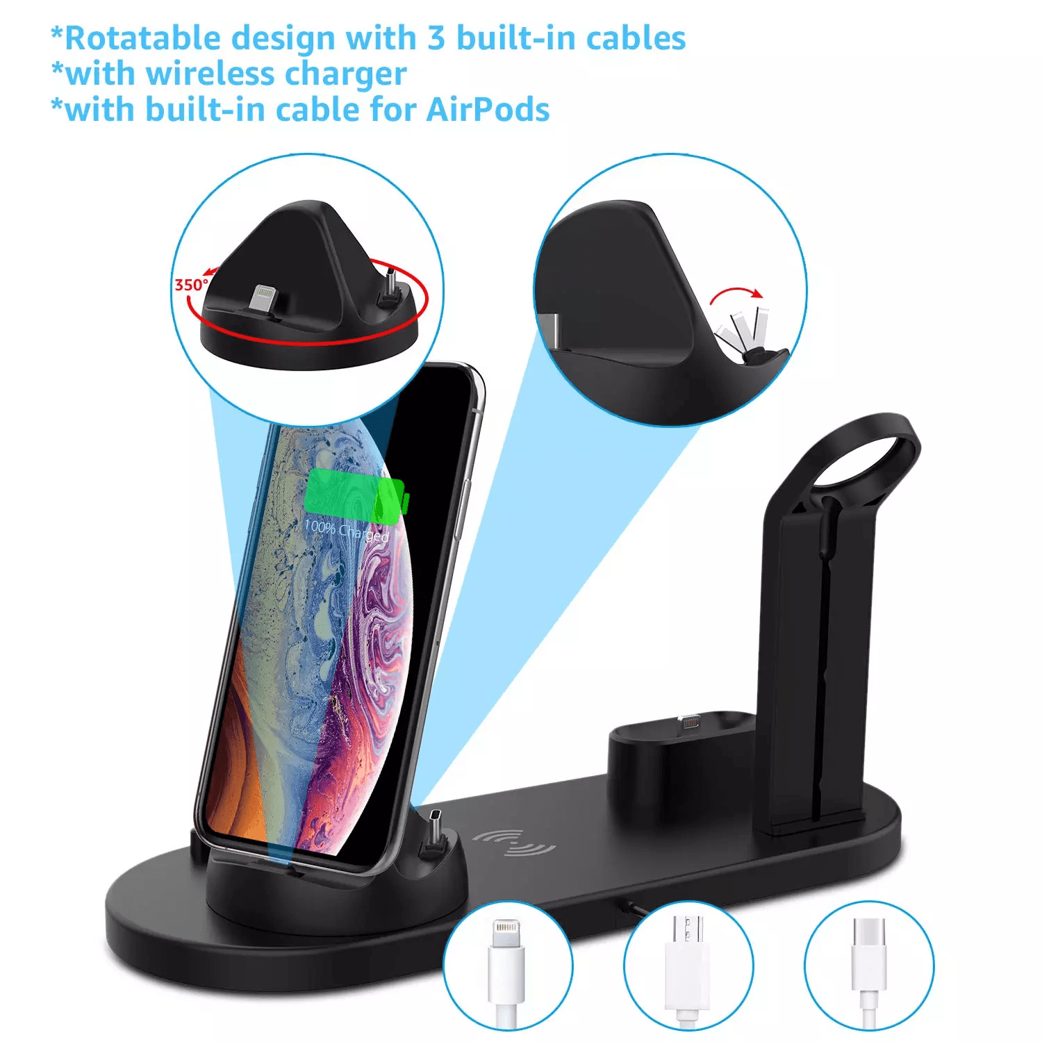 Wireless Charger Stand, 4 in 1 Wireless Charging Station for All Apple Watch Series, AirPods Pro 3/2/1, iPhone 14/14 Plus/13/12/11 Pro/Pro Max/X/XS Max,Samsung Phone