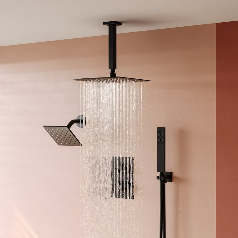 Shower System Ceiling Mounted with 12 in. Square Rainfall Shower head and Handheld Shower Head Set, Matte Black Shower System Ceiling Mounted with 12 in. Square Rainfall Shower head and Handheld Shower Head Set, Matte Black