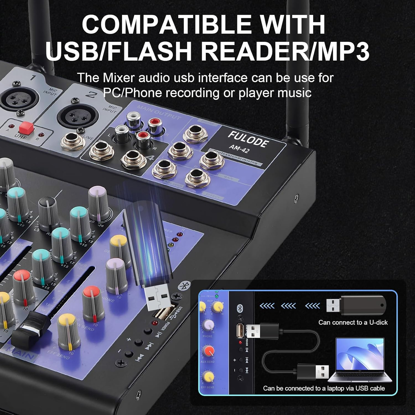 FULODE  Audio Mixer with Dual Wireless Mic, 4 Channel Mixer Board Sound Board DJ Mixer Console System MP3 Bluetooth 48V Phantom Power USB Interface for Home Karaoke Party