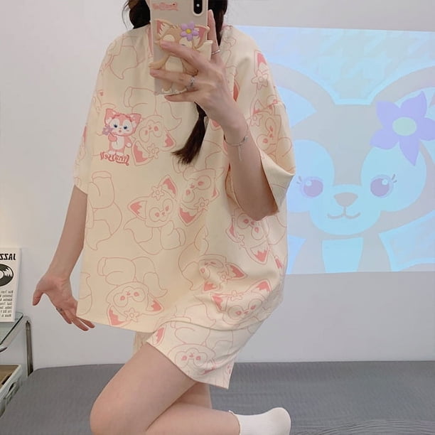 Conjunto de pijama de verano para mujer y pantalones cortos de manga corta con dibujos animados, ropa ligera para el hogar