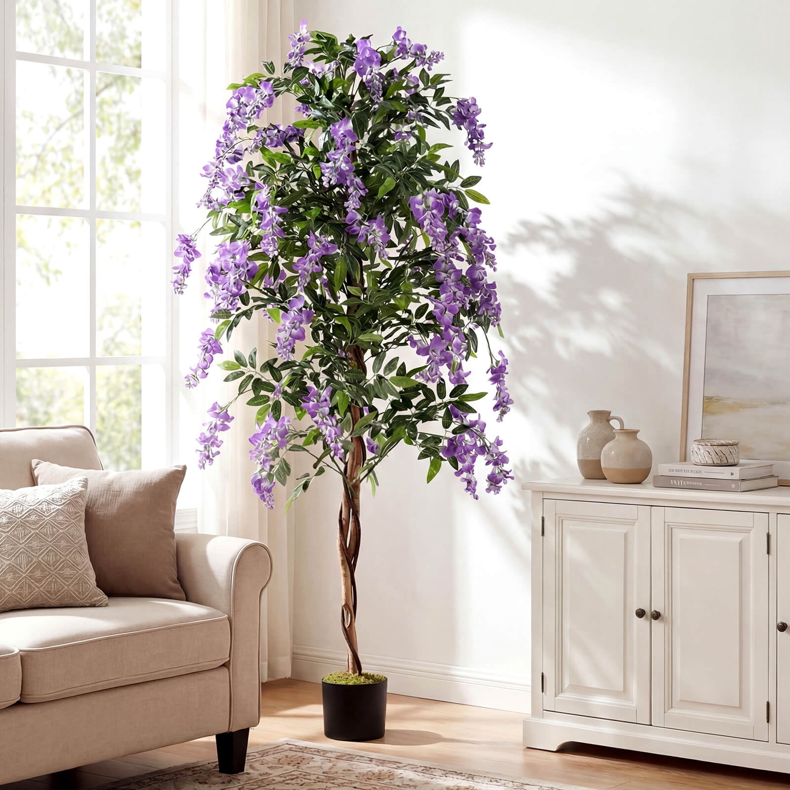 Costway 6 FT Artificial Wisteria Tree Set of 1 with Natural Trunks Purple Lifelike Flowers for Porch