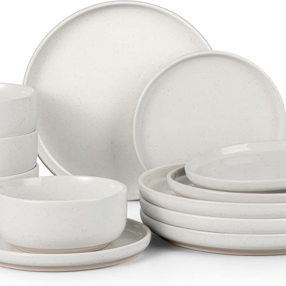 Stoneware Dinnerware Sets, 12-Piece Plates and Bowls Set for 4, Dishes Set for Home Restaurant, Speckled Milky White