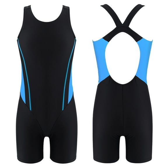 renvena Kids Girls Criss Cross Swimsuit Swimwear Boyleg Monokini One Piece Sport Racerback Jumpsuit Size 8-16 Blue&Black 16