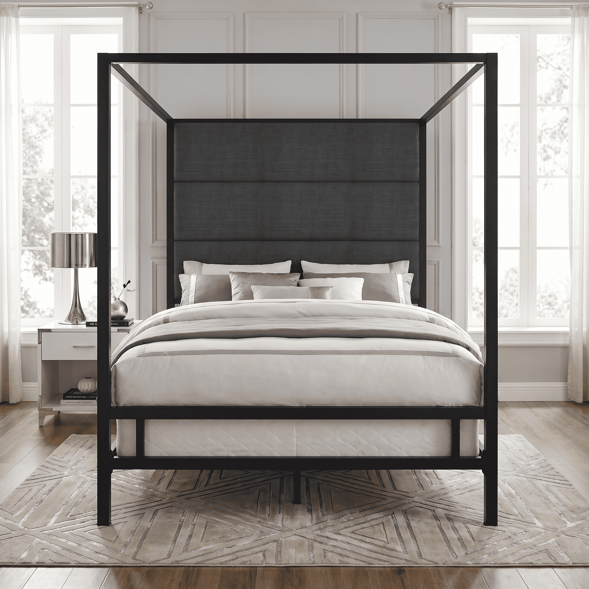 Euroco Metal King Size Canopy Bed with Linen Fabric Upholstered Headboard, 4-Poster Platform Bed, No Box Spring Needed, Black