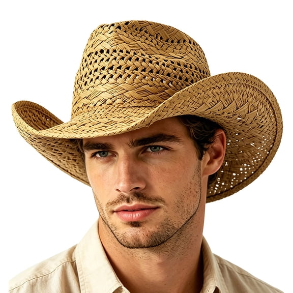 Hand‑Woven Paper Straw Cowboy Hat Hollow Knit Wide Brim Sun Hat Unisex Outdoor Beach Travel Sun‑Protection Fedora Hat for Men Adults