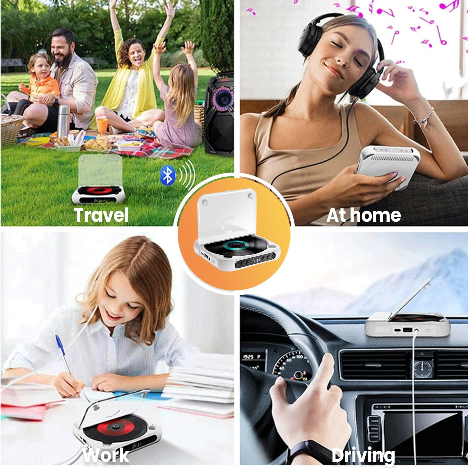 Portable Bluetooth CD player supports Hi-Fi sound quality wireless/wired playback rechargeable compact and portable suitable for travel home and car use (pink)