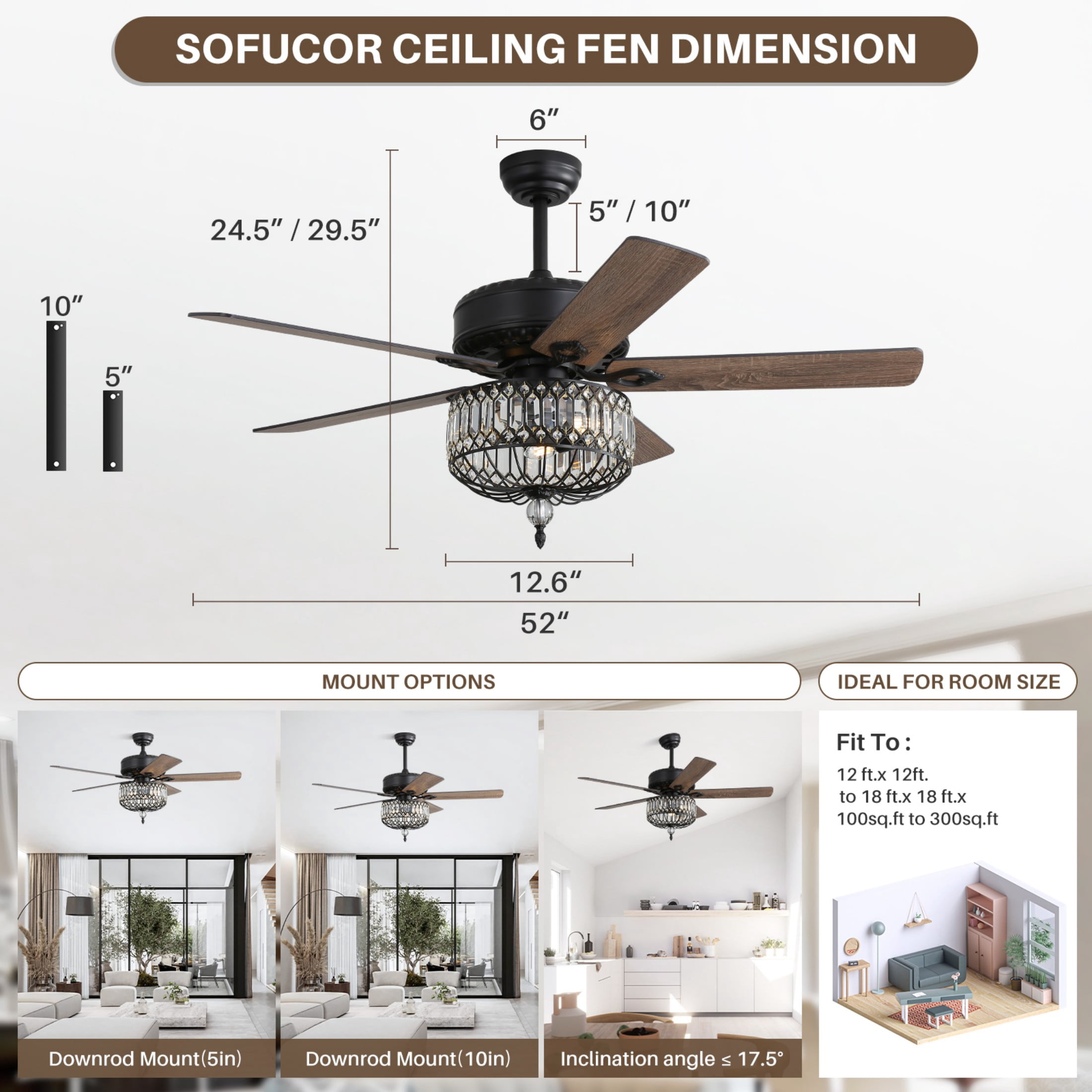 Sofucor 52-Light Chandelier Crystal Fan Light Indoor Ceiling Fan with Silent Reversible Motor