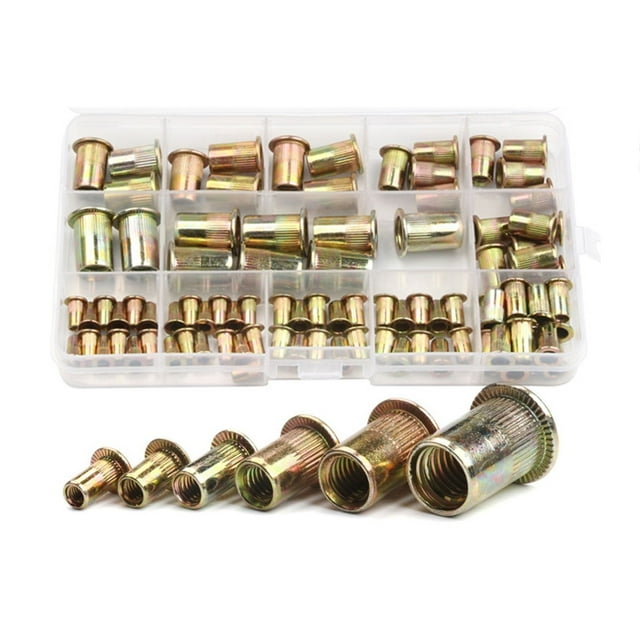 93pcs Tuercas de remache de acero al carbono M3 / 4/5/6 / 8/10 Tuercas de remache de cabeza plana Conjunto de nueces Insertar revestimiento conjunto surtido