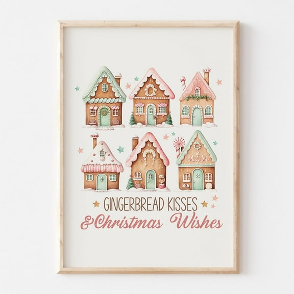 Zuno Gingerbread Kisses And Christmas Wishes Print, Pastel Christmas Printable Art, Cozy Winter Home Wall Decor, Cute Gingerbread House Print- Wall Art Print, 8x12 UNFRAMED