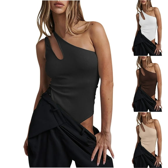 Elainilye Fashion Bodysuits for Women Sexy Pure Cotton Ribbed One Shoulder Hollowed Out Jumpsuit,White