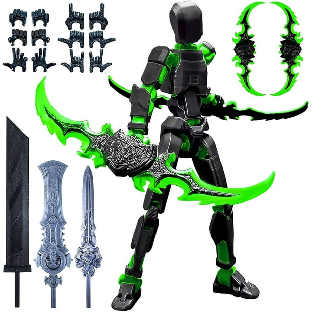 Assembled T13 Action Figure with Multiple Accessories, Black-Green 3D Printed Multi-Jointed Titan 13 Figure,Dummy 13 Desktop Decorative Toy