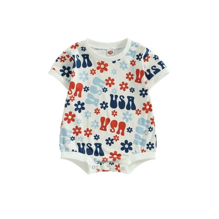 

Baby 4th of July Romper Short Sleeve Round Neck Doughnut/Floral/Skateboard Print Bodysuit