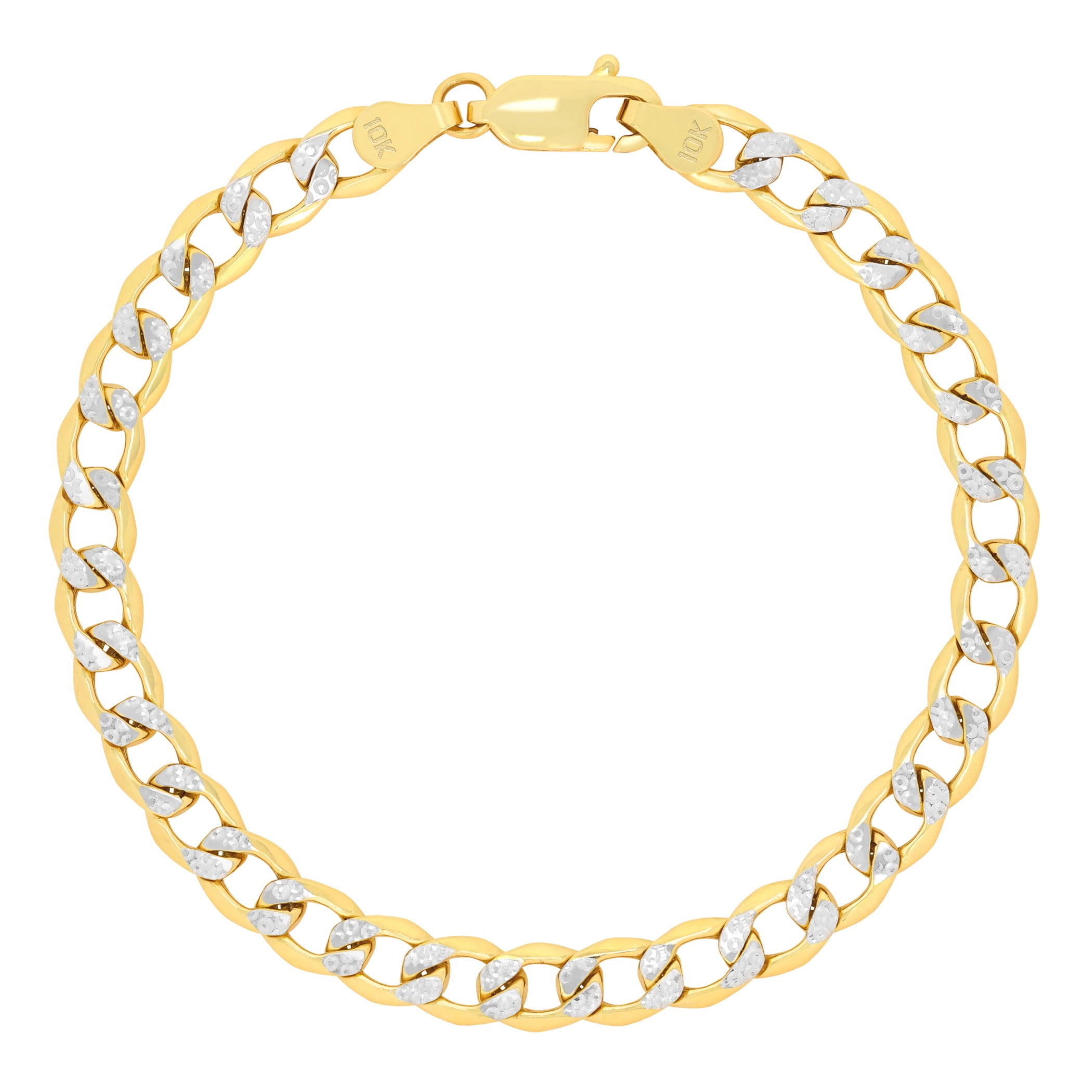 Nuragold 10k Real Yellow Gold Cuban Curb Link 5.5mm Diamond Cut Pave Chain Bracelet (7"-9") Two Tone Italian Jewelry for Men & Women