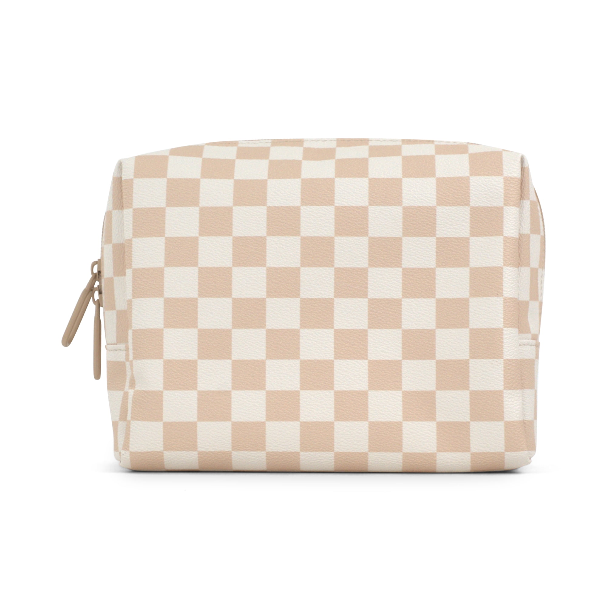 packlab Large Checkered Cosmetic Bag, 4 Interior Pockets, Wipeable, Beige