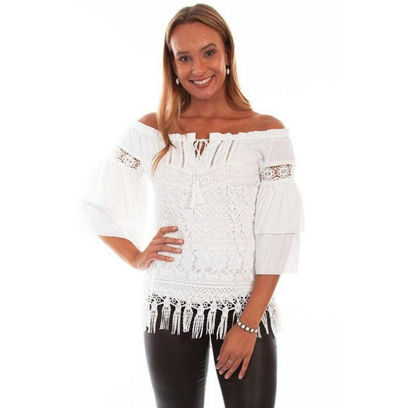 Scully Western Shirt Womens 3/4 Sleeve Shoulder L Off White F0_HC574