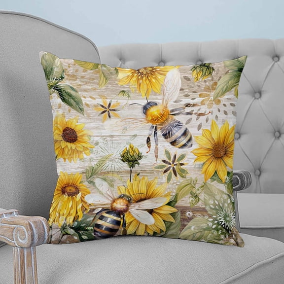 Sunflower Throw Pillow Covers, Soft Pillowcases with Invisible Zipper, Vintage Summer Bee Botanical Farmhouse Decorative Square Pillow Cushion Covers for Living Room Couch Sofa Bed 18x18 Inches