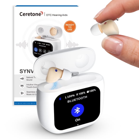 Ceretone OTC Bluetooth Hearing Aids for Seniors, IP65 Waterproof & Rechargeable Hearing Amplifiers for Ears, Nearly Invisible, Adaptive Noise Cancellation, Beige
