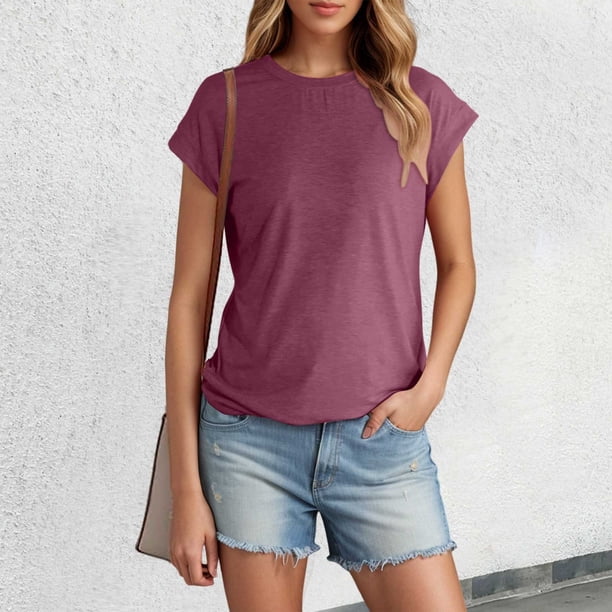 MKLEKYY Playeras Algodon Mujer Camiseta De Verano De Manga Corta Para Mujer, Color Liso, Con Mangas Cubiertas Talla XXL