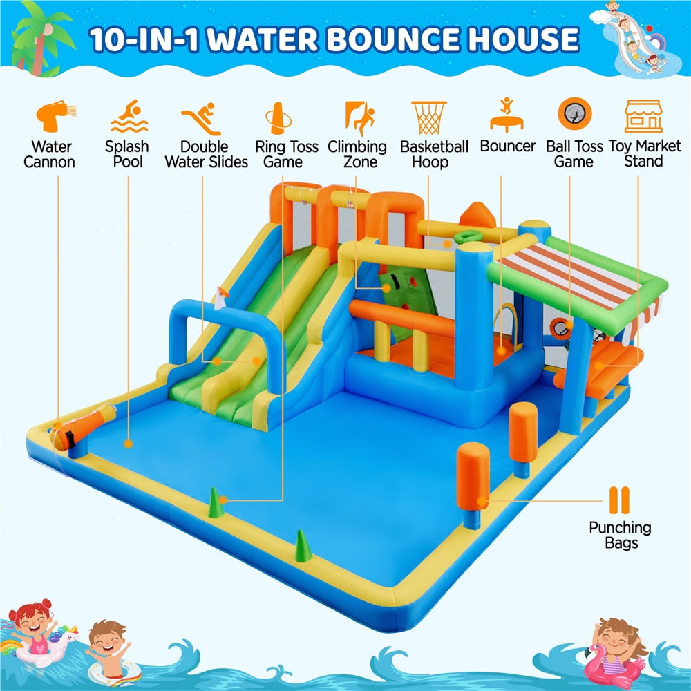 Yaheetech Water Inflatable Bounce House with Slides, Blower, Blue/Orange