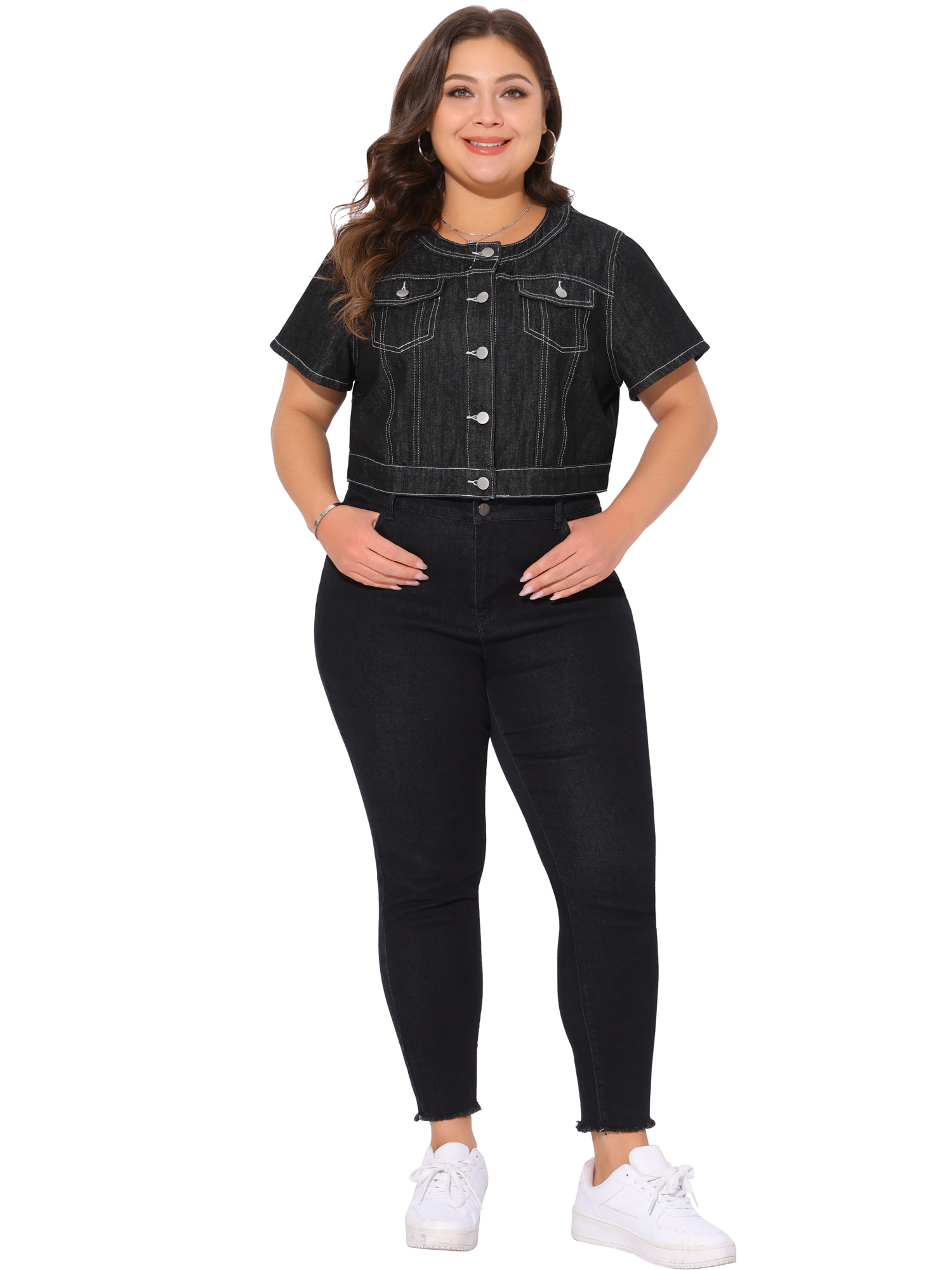 DARING DIVA Women's Plus Size Crew Neck Button Down Cropped Denim Vest 4X Black