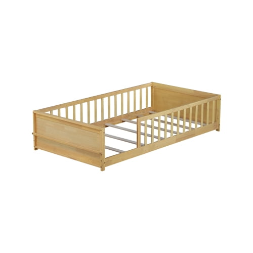 Bellemave Twin Size Floor Bed with Fence, Montessori Floor Twin Bed with Built-in Book Rack, Solid Wood Twin Bed with Slats and Safety Guardrails, Natural