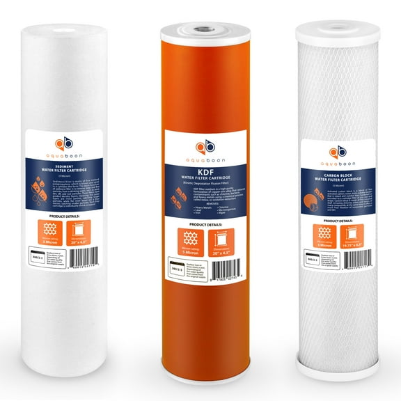 Aquaboon 5 Micron 20" x 4.5" KDF, Sediment & CTO Carbon Block Replacement Whole House Filter Cartridges Set | 1 set, 3 packs EP20-BB, 2C-20BB, 155358-43, DGD-5005-20