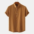 thumbnail image 2 of MIUOWANP Men's Pullover Shirts Short Sleeve Casual Solid Color Buttons Beach Shirt Stand-up Collar Business Casual Blouse Size M(6)Brown, 2 of 9