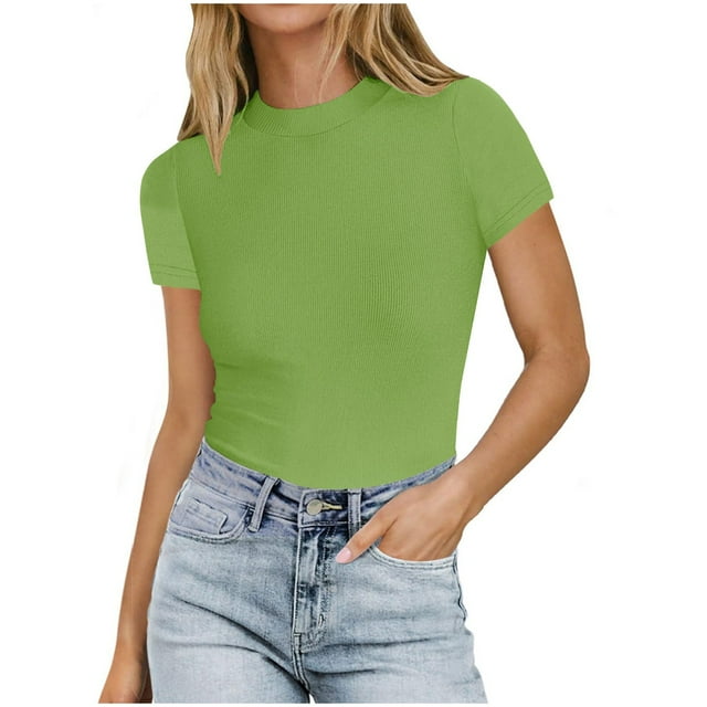 AherBiu Going out Tops for Women Ribbed Short Sleeve Crewneck Slim Basic Layer Summer Top Tees Shirts