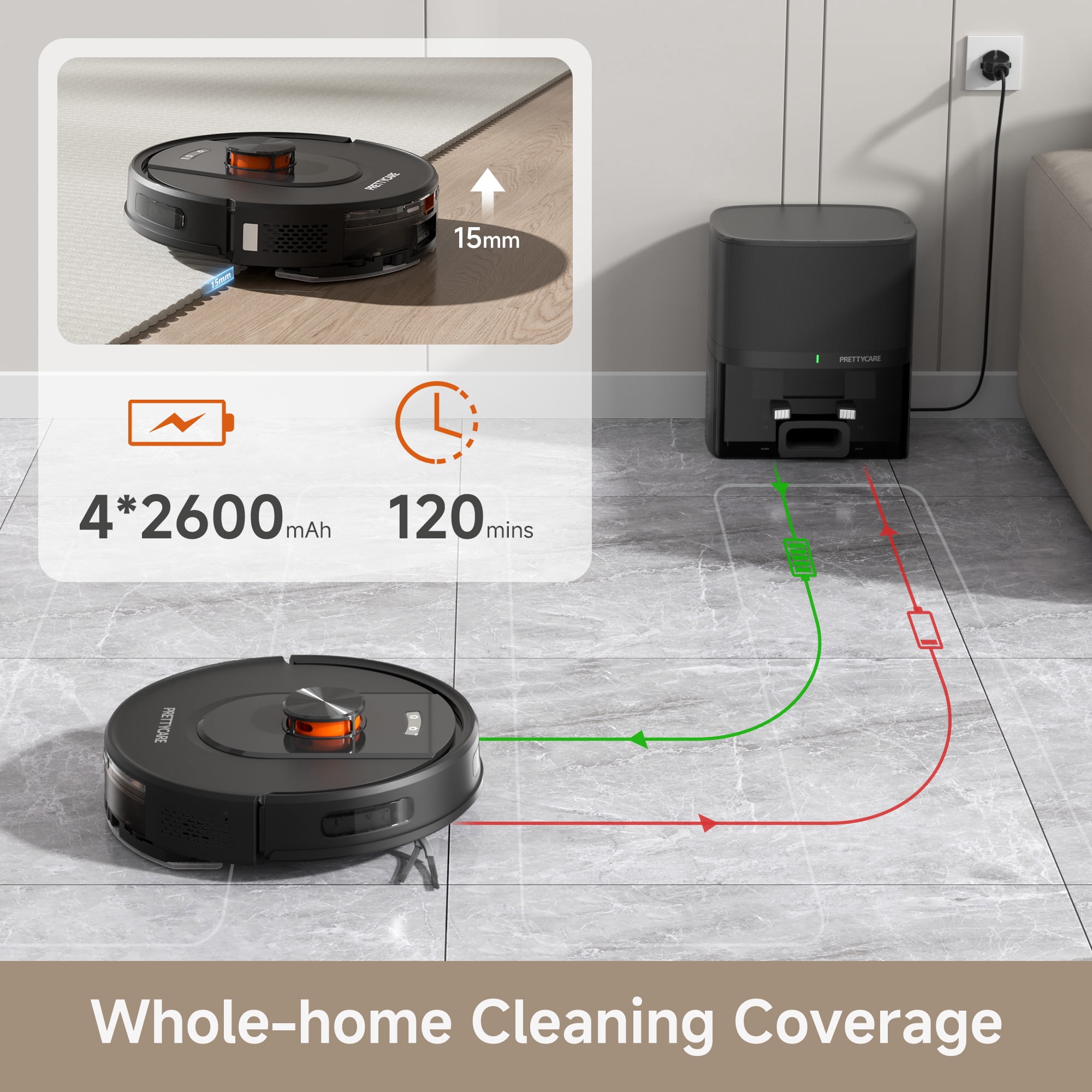 PrettyCare Robot Vacuum and Mop Combo Cleaner 9000pa,85 Days Self-Emptying & Recharging Station with 3D Home Mapping for Debris/Stain/Hair/Pet, L1 PRO