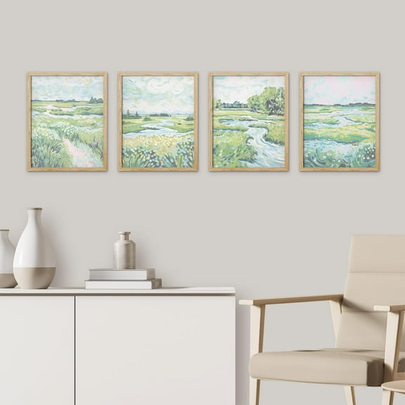 PixonSign Framed Wall Art Calming River & Green Field Landscape Posters, Set of 4 Abstract Floral Botanical Illustrations Canvas Prints, Nature Wilderness Wall Décor for Rooms - 11"x14" Natural